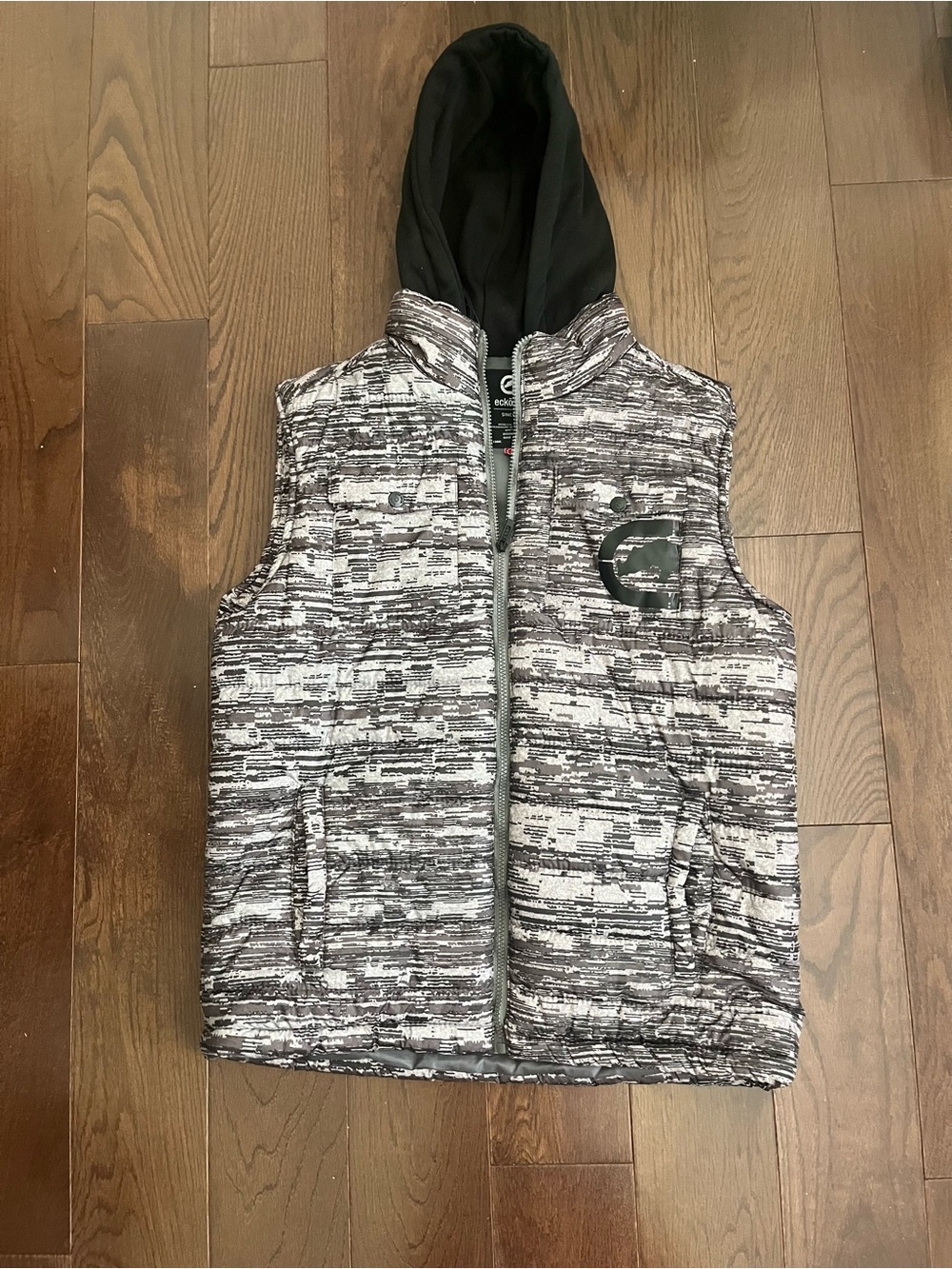 Ecko Unlimited Black & White Patterned Puffer Vest with Hood